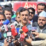 Chairman Senate Syed Yusuf Raza Gilani talking to media persons outside the shrine of Hazrat Musa Pak Shaheed