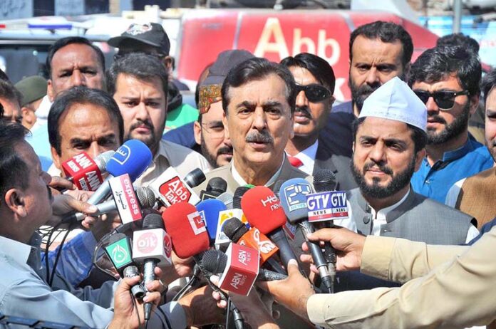 Chairman Senate Syed Yusuf Raza Gilani talking to media persons outside the shrine of Hazrat Musa Pak Shaheed