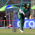South Africa's Ryan Rickelton plays a shot during the ICC Champions Trophy one-day international (ODI) cricket match between England and South Africa at National Stadium