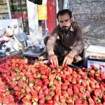 A vendor decorates Strawberry to attract customers' attention at his road side setup
