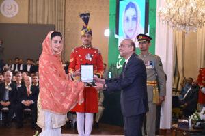 President Asif Ali Zardari conferring the award of Tamgha-i-Imtiaz upon Dr Sarah Qureshi in recognition of her public services in Engineering and Aerospace, at the investiture ceremony to confer the insignias of Civil Awards, at Aiwan-e-Sadr.