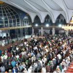 People offering first Namaz-e-Taraweeh at Data Darbar Mosque after sighting the moon of the Holy Fasting month of Ramadan-ul-Mubarik