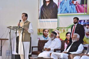 Chairman Senate Syed Yusuf Raza Gilani addressing to the orphan children during his visit to SOS Village