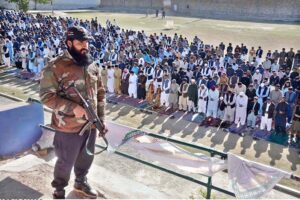 A large number of faithful offering Eidul Fitr prayers at Hockey Chowk