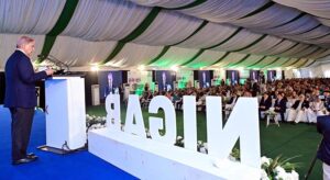 Prime Minister Muhammad Shehbaz Sharif addresses the inaugural ceremony for the Aeroponics Technology Complex for Potato Seed Production at National Agricultural Research Center