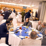 Federal Minister for Information and Broadcasting Atta Tarar, SAPM Tariq Fatmi and Saeed Mehdi, former Principal Secretary to PM at an Iftar hosted by former Federal Information Secretary Anwer Mahmood for senior media persons and senior serving and retired officers