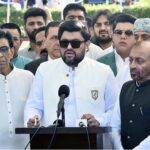 Governor Sindh Kamran Khan Tessori along with Federal Minister for Education and Professional Training Dr. Khalid Maqbool Siddiqui talking to media after Eidul Fitr prayers at Governor House