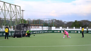 Players of Germany and Pakistan Juniors Hockey teams in action during final match at Naseer Bunda Hockey Stadium, Sports Complex