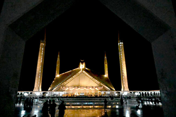 A well decorated view of Faisal Masjid in connection of Shabeena in the Islamic fasting month of Ramzan