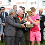 President Pakistan Hockey Federation (PHF) Tariq Hussain Bugti and German Ambassador in Pakistan Alfred Grannas present trophy to the winner team captain after final match between Germany and Pakistan Juniors Hockey teams at Naseer Bunda Hockey Stadium, Sports Complex