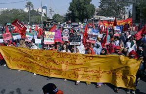 Activists of Home-Based Women Workers Federation protesting against construction of six canals on Indus River on the occasion of observing the International Women's Day at Karachi Press Club.