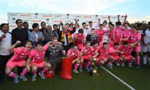President Pakistan Hockey Federation (PHF) Tariq Hussain Bugti and German Ambassador in Pakistan Alfred Grannas present trophy to the winner team captain after final match between Germany and Pakistan Juniors Hockey teams at Naseer Bunda Hockey Stadium, Sports Complex