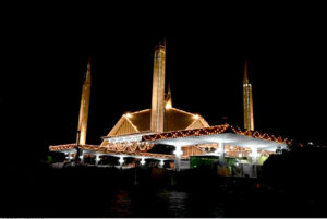 A well decorated view of Faisal Masjid in connection of Shabeena in the Islamic fasting month of Ramzan
