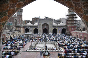 People offering Friday prayers at Gol Chowk Mosque in the holy fasting month of Ramada