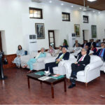 Dr. Ijaz Munir Rector NSPP addressing the audience at the launch of Sadequain Gallery and a book showcasing the artist's restored masterpieces at NSPP