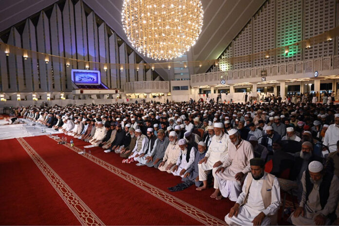 Worshipers offering prayers in Faisal Masjid during Shabeena in the Islamic fasting month of Ramzan