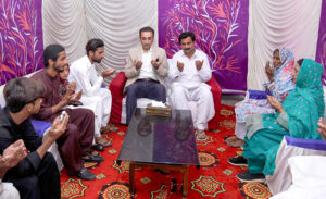 Chairman Pakistan People’s Party, Bilawal Bhutto Zardari offering Fateha condolences with the family of martyred Assistant Sub-Inspector Ramzan Bhutto at Garibabad Mohalla Naudero