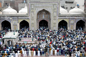 People offering Friday prayers at Gol Chowk Mosque in the holy fasting month of Ramada