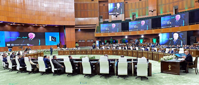 Prime Minister Muhammad Shehbaz Sharif addresses the special meeting of the Federal Cabinet, convened to review the 1 year performance of the Federal Government