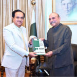 Federal Insurance Ombudsman (FIO), Mumtaz Ali Shah, presenting the Annual Report 2024 of the FIO to President Asif Ali Zardari, at Aiwan-e-Sadr