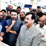 Senate Chairman Syed Yousaf Raza Gillani reviewing the construction work of the under-construction Yousaf Raza Gillani Cadet College. Commissioner Multan Amir Karim Khan, MNA Syed Ali Musa Gillani, and MPA Rana Iqbal Siraj are also accompanying him