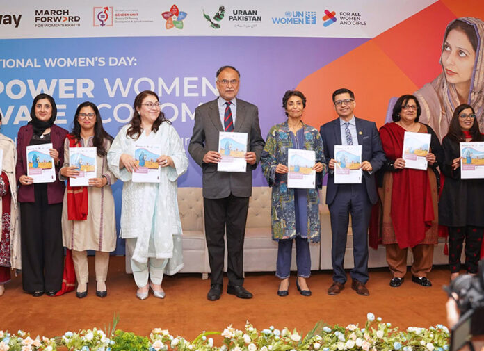 Federal Minister for Planning, Development and Special Initiatives, Ahsan Iqbal, launching the Gender Action Plan 2025-26 Report at the MoPDSI during an International Women’s Day ceremony at MoPDSI