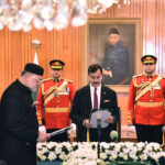 Acting President, Syed Yousuf Raza Gillani administering the oath of office of the Federal Minister to Syed Imran Ahmad Shah, during an oath-taking ceremony, at Aiwan-e-Sadr