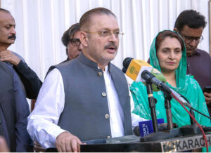 Sindh Senior Minister Information Transport and Mass Transit Sharjeel Inam Memon addressing during hosting the iftar Dinner in honour of the Press and Media Community at Karachi Press Club