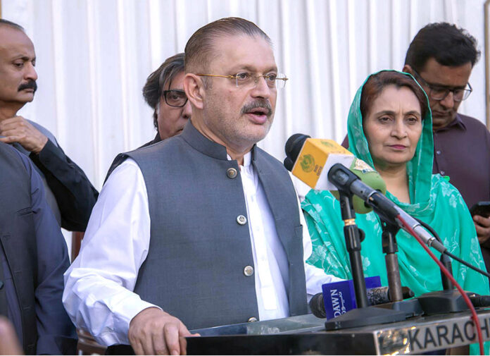 Sindh Senior Minister Information Transport and Mass Transit Sharjeel Inam Memon addressing during hosting the iftar Dinner in honour of the Press and Media Community at Karachi Press Club