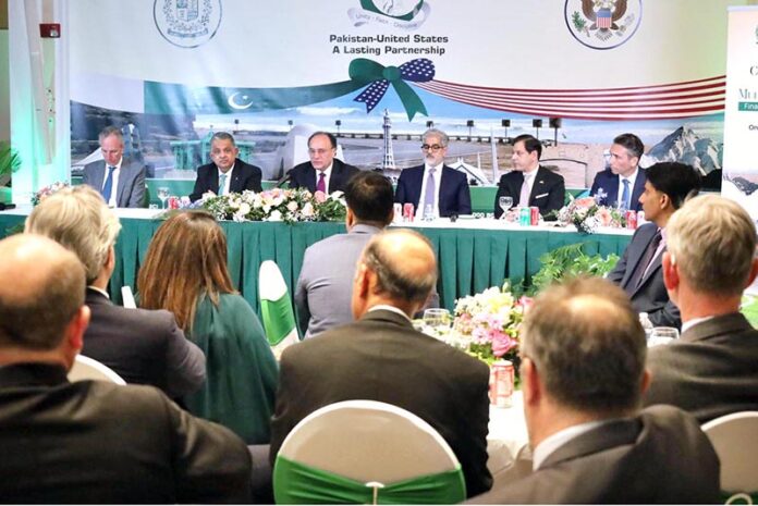 Finance Minister Senator Muhammad Aurangzeb engaging with global financial leaders and corporate representatives during the economic dialogue hosted by the Embassy of Pakistan in Washington D.C on the sidelines of the IMF-World Bank Spring Meetings 2025