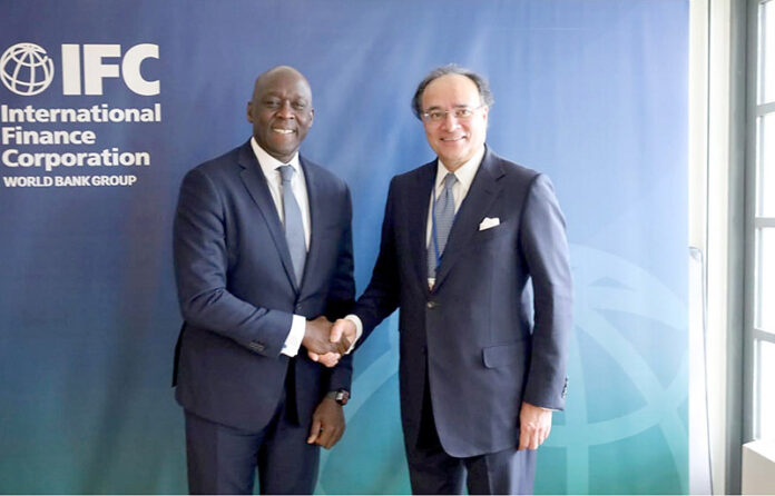 Federal Minister for Finance and Revenue Senator Muhammad Aurangzeb meeting with Makhtar Diop, Managing Director of IFC, to discuss Pakistan's economic reforms, investment priorities, and collaboration on key projects