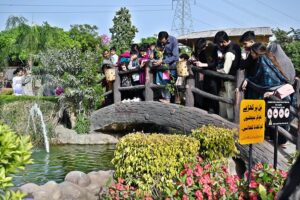 People throwing food for fish while visiting Multi Garden Zoo