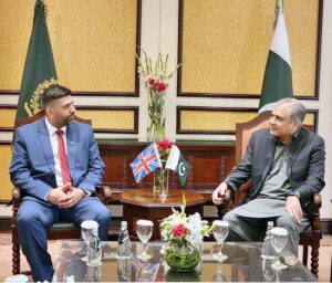 Interior Minister Mohsin Naqvi in a meeting with British Minister for Faith and Communities Lord Wajid Khan.
