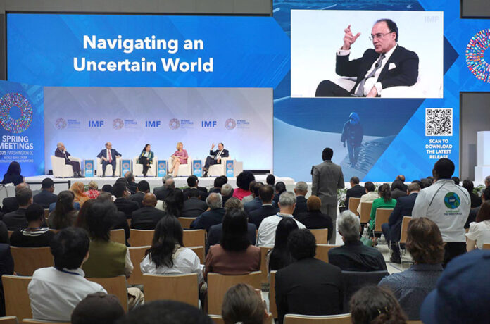 Federal Minister for Finance and Revenue Senator Muhammad Aurangzeb participating in a panel discussion at the IMF on 