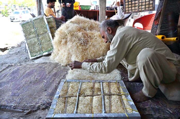 A worker busy preparing ‘khas’ (to be used in room-cooler) at his workplace in the Federal Capital