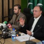 Federal Minister for Finance and Revenue, Mr. Mohammad Aurangzeb addressing a press conference at PTV Headquarters