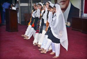 Artists perform a traditional cultural folk dance during Punjab Culture Day celebrations, organized by Punjab Arts Council Faisalabad Division