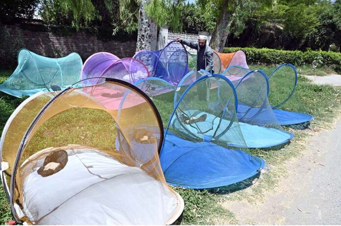 A vendor is busy arranging and displaying mosquito nets to attract the customers along Lehtrar Road