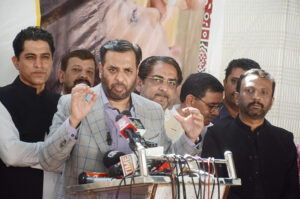 The Federal Minister for National Health Services, Regulation and Coordination Syed Mustafal Kamal talking to media persons at Polio office.