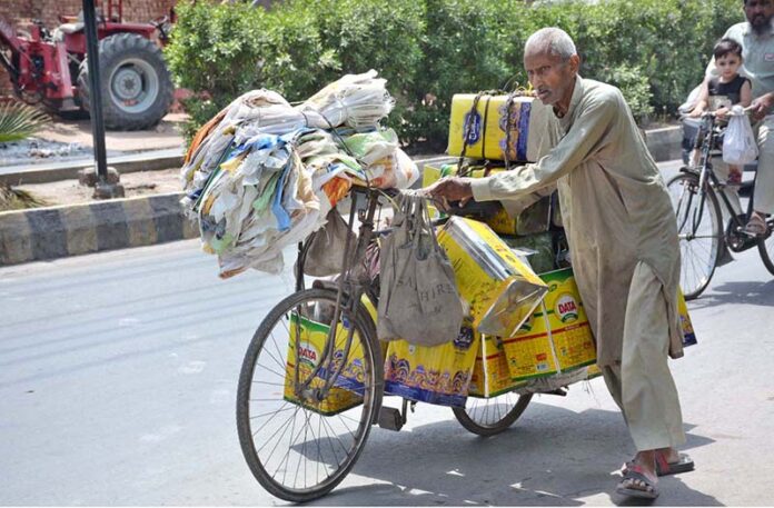 An elderly person on the way along with bicycle loaded with empty ghee tins, collected from various locations to earn his livelihood