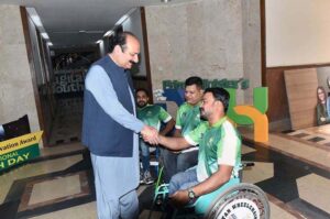 Chairman Prime Minister's Youth Programme Rana Mashhood Ahmed Khan meeting the Pakistan Wheelchair Cricket team players.