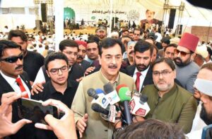 Chairman Senate Syed Yousaf Raza Gilani talking to the media.