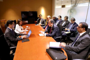 Finance Minister Senator Muhammad Aurangzeb in a meeting with the Moody's team on the sidelines of the IMF-World Bank Spring Meetings in Washington D.C