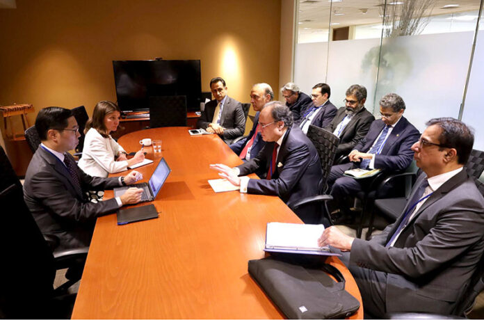 Finance Minister Senator Muhammad Aurangzeb in a meeting with the Moody's team on the sidelines of the IMF-World Bank Spring Meetings in Washington D.C