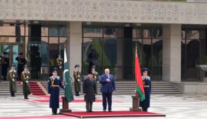 Prime Minister Muhammad Shehbaz Sharif inspects Guard of Honour being presented to him at Independence Palace of Belarus.