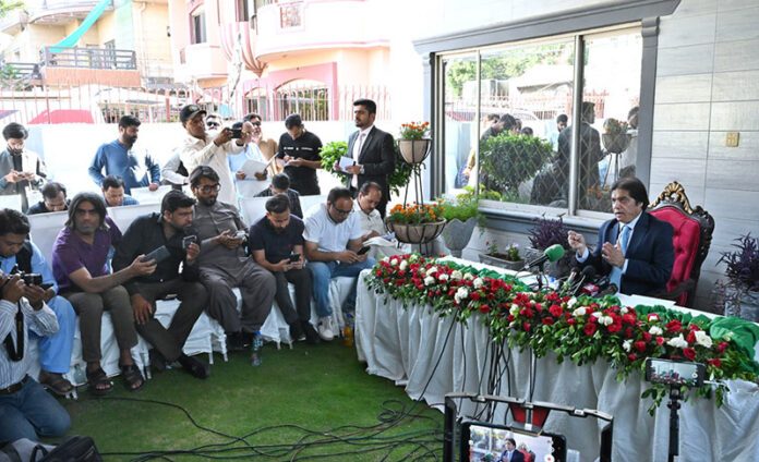 Federal Minister for Railways, Muhammad Hanif Abbasi addresses an important press conference at his residence