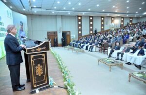 Prime Minister Muhammad Shehbaz Sharif addresses the ceremony of Prime Minister's initiative of sending 1000 agriculture graduates for training in China for capacity building of Agricultural Sector in Pakistan.
