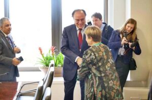 Federal Minister for Finance and Revenue Senator Muhammad Aurangzeb holding a meeting with Ms. Kristalina Georgieva, Managing Director, IMF and her team on the sidelines of the WB/IMF Spring Meetings 2025, Washington D.C.