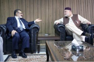 Federal Minister Sayed Imran Ahmed Shah and MD Pakistan Bait-ul-Mal Senator Captain (R) Shaheen Khalid Butt discussing ongoing welfare initiatives in Balochistan in a meeting at Ministry of Poverty Alleviation and Social Safety