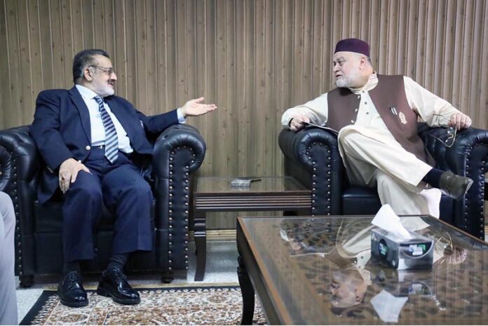 Federal Minister Sayed Imran Ahmed Shah and MD Pakistan Bait-ul-Mal Senator Captain (R) Shaheen Khalid Butt discussing ongoing welfare initiatives in Balochistan in a meeting at Ministry of Poverty Alleviation and Social Safety